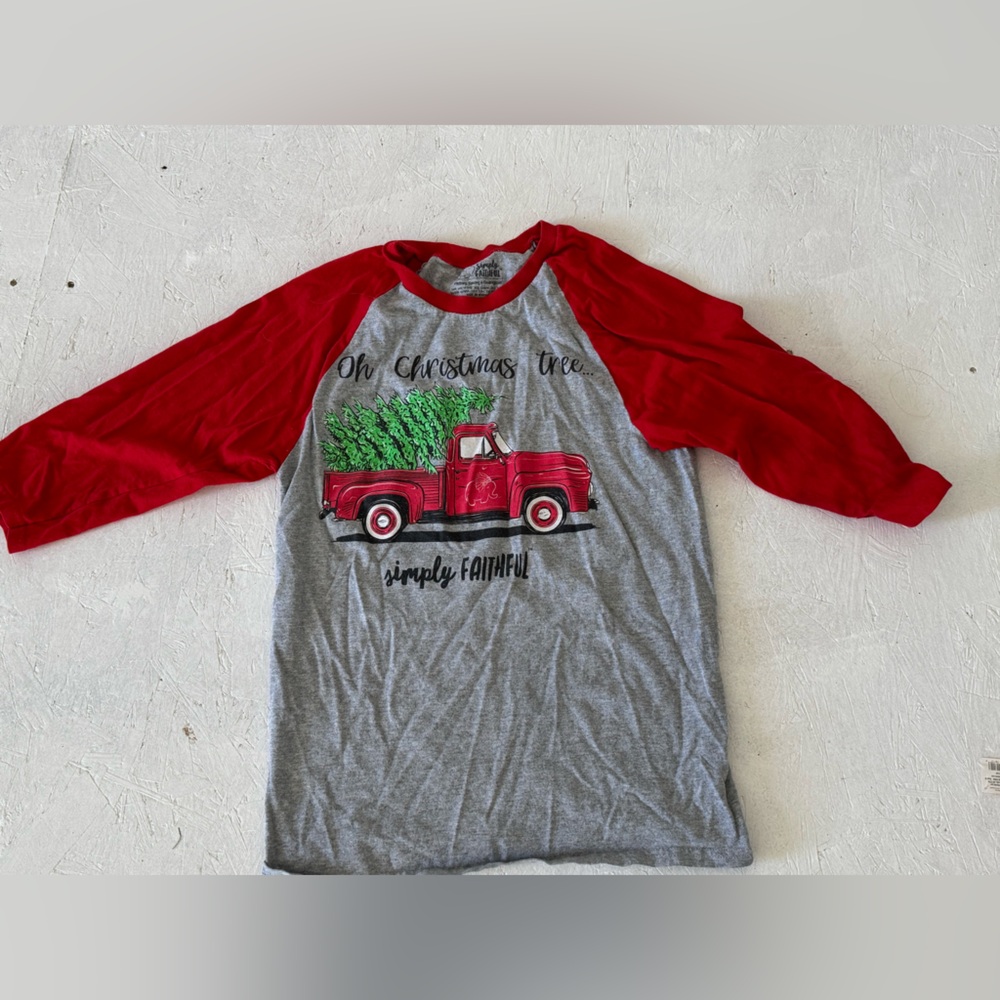Simply Faithful Red and Gray Christmas Truck Long Sleeve Tee
